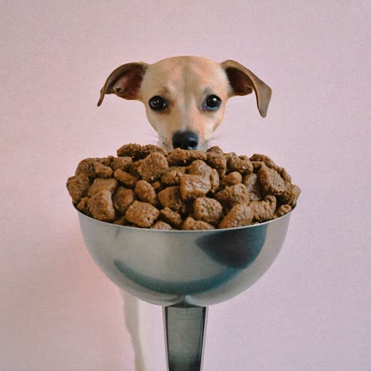 A scoop of dry dog food kibble